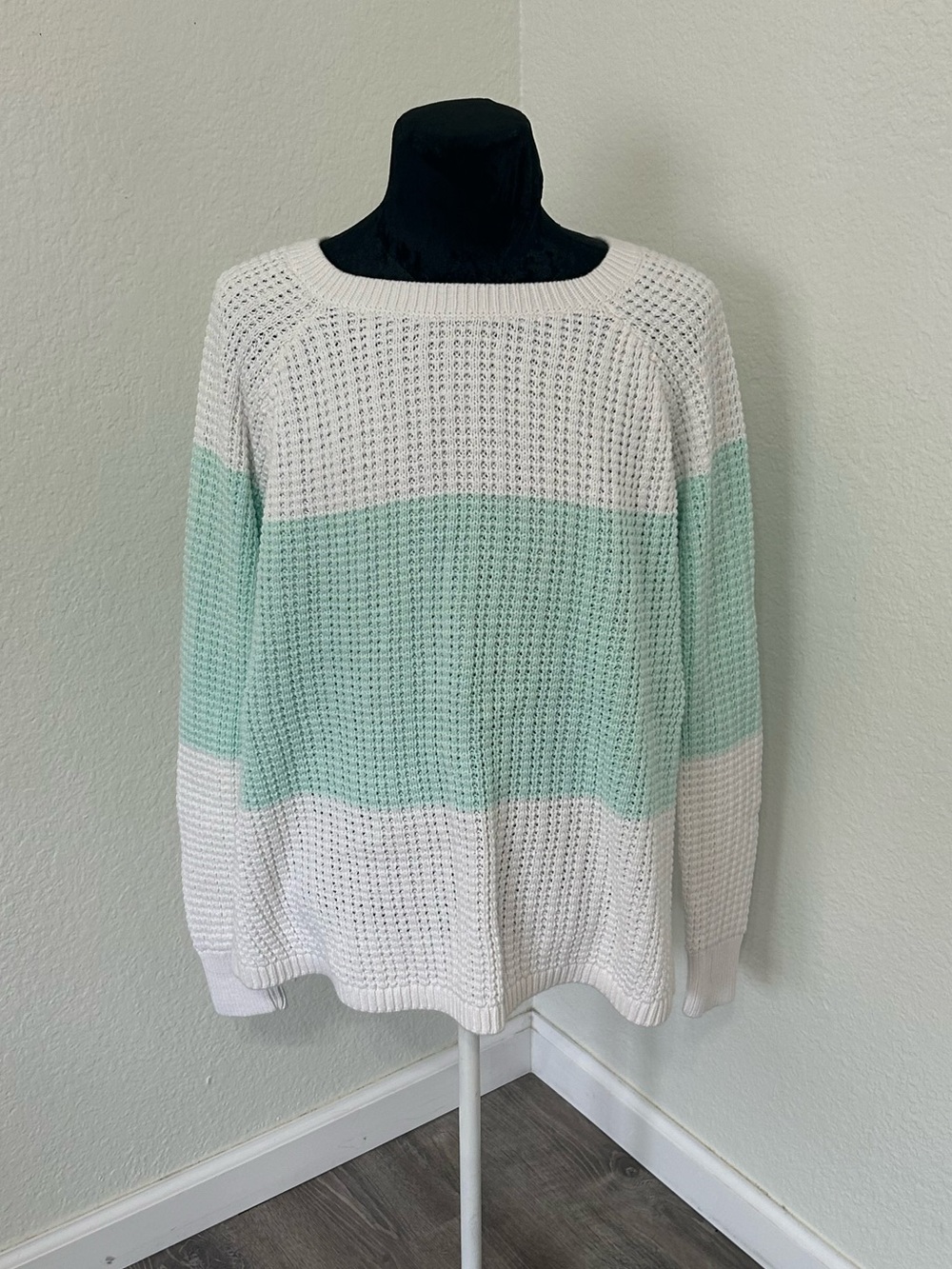 Gap Women’s XL Mint Green White Colorblock Waffle Knit Cotton Sweater